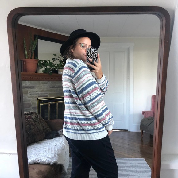 VINTAGE ALFRED DUNNER | Women's 2X Blue Pink Nordic Cottagecore Collared Sweater - Picture 6 of 7